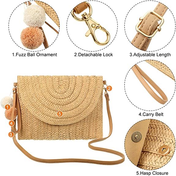 Straw Shoulder Bag Clutch Straw Crossbody Bag Beach Straw Handmade Bag Woven Rattan Bag for Women Envelope Wallet