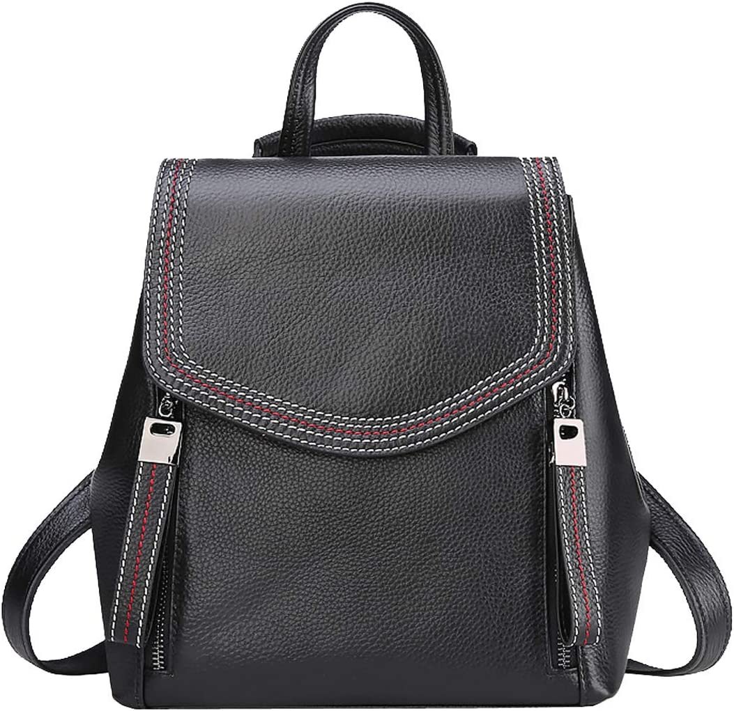 Women’s Genuine Leather Backpack Casual Style Flap Backpacks Daypack for Ladies (Black)