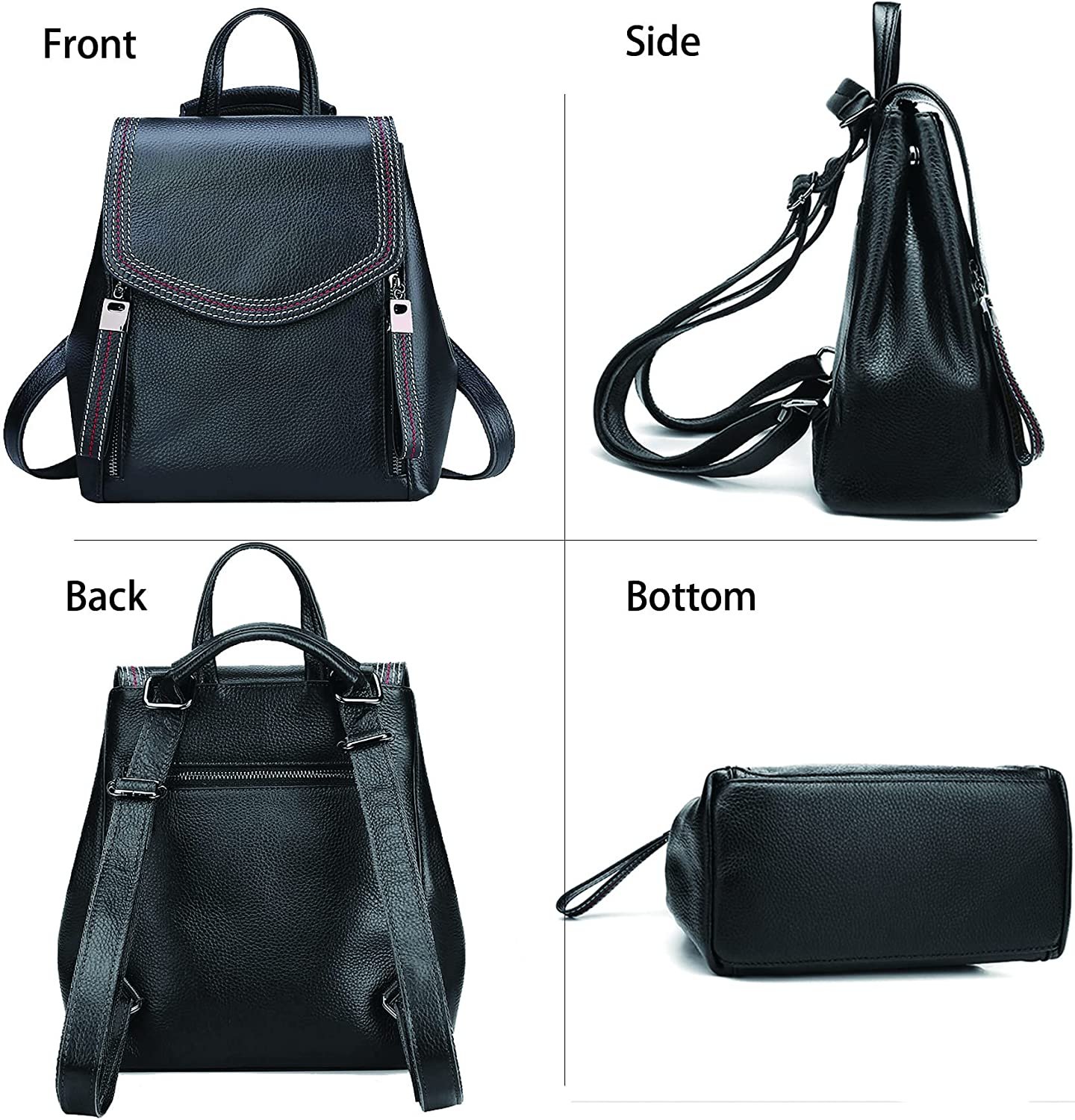 Women’s Genuine Leather Backpack Casual Style Flap Backpacks Daypack for Ladies (Black)