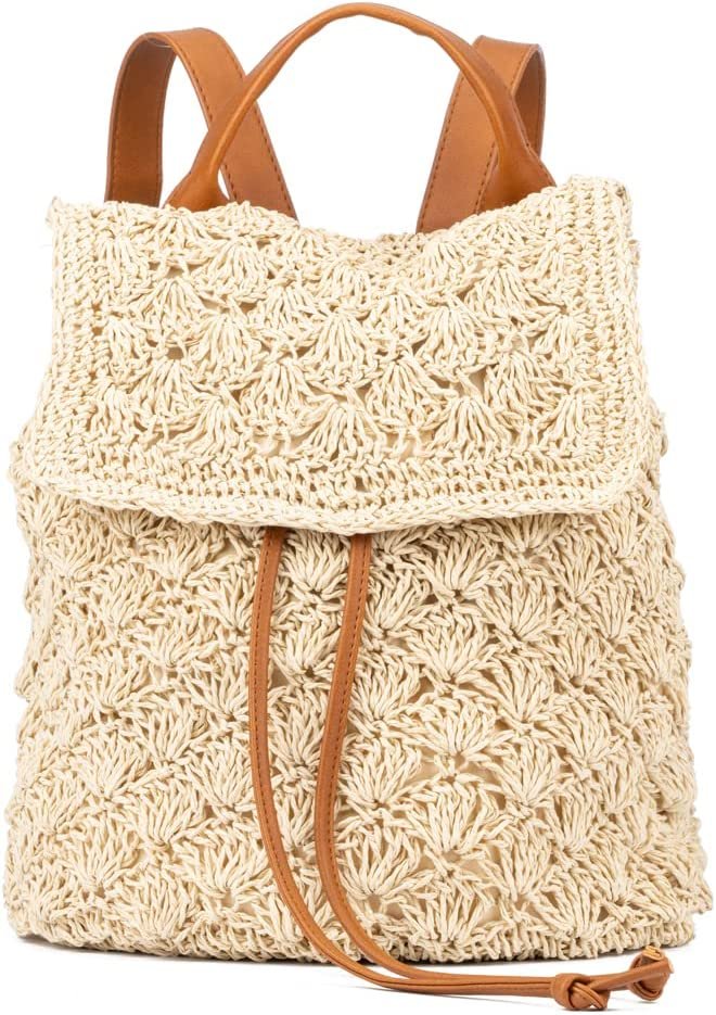 Women's Fashion, Natural Beige Crochet Woven Small Backpack