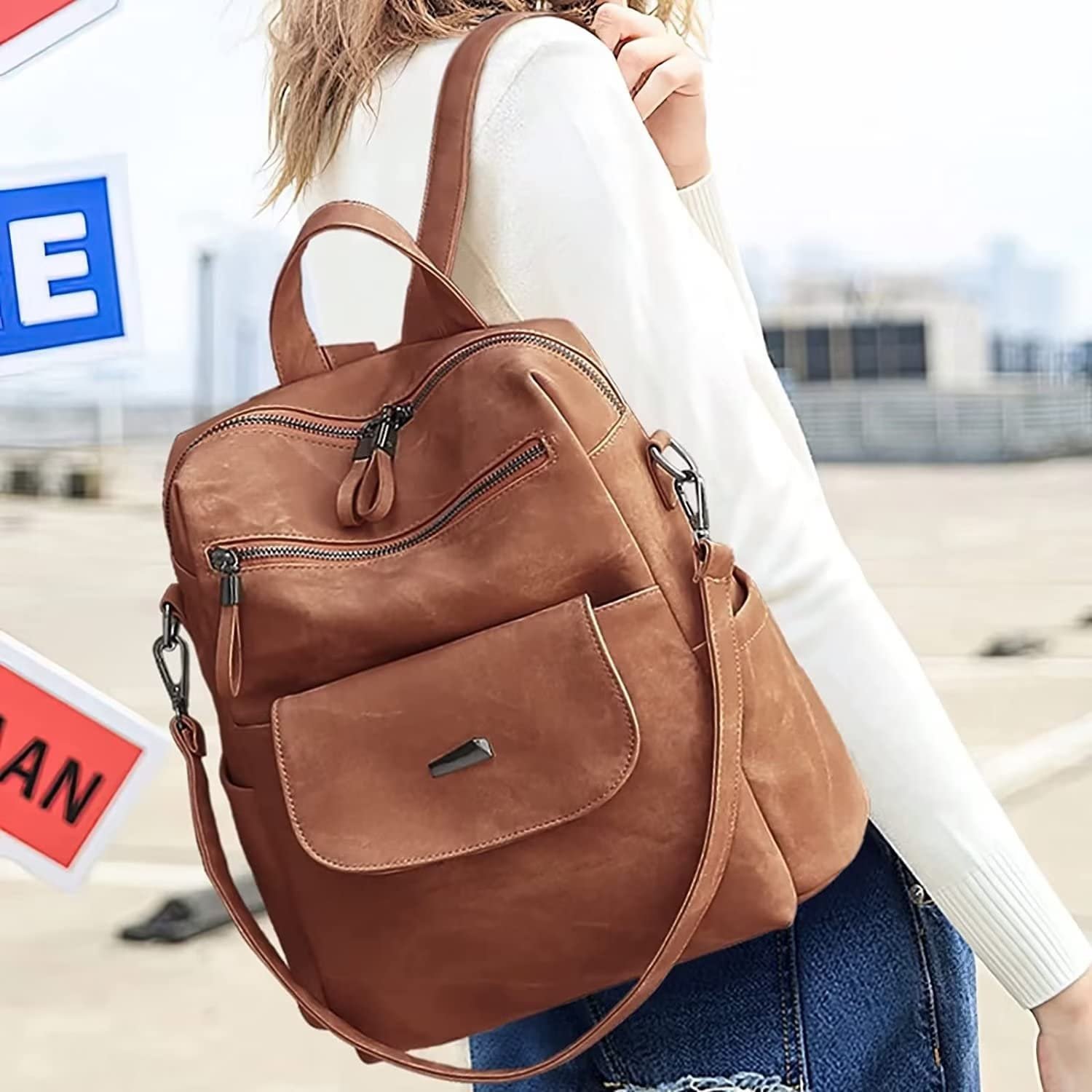 Leather Backpack Purse for Women Fashion Multipurpose Design Handbag Ladies Shoulder Bags Travel Backpack Brown