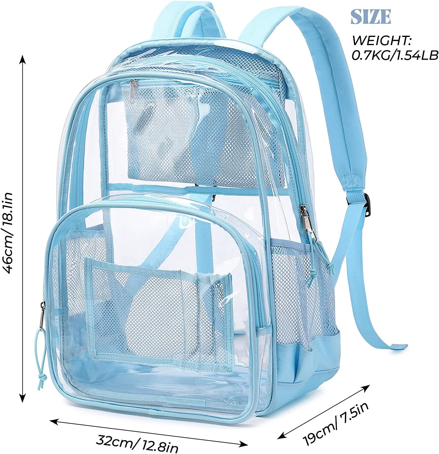 PVC school Backpack Waterproof durable See Through Bag Stadium Approved Clear Schoolbag Daypack Heavy Duty for travel Campus, Baby Blue