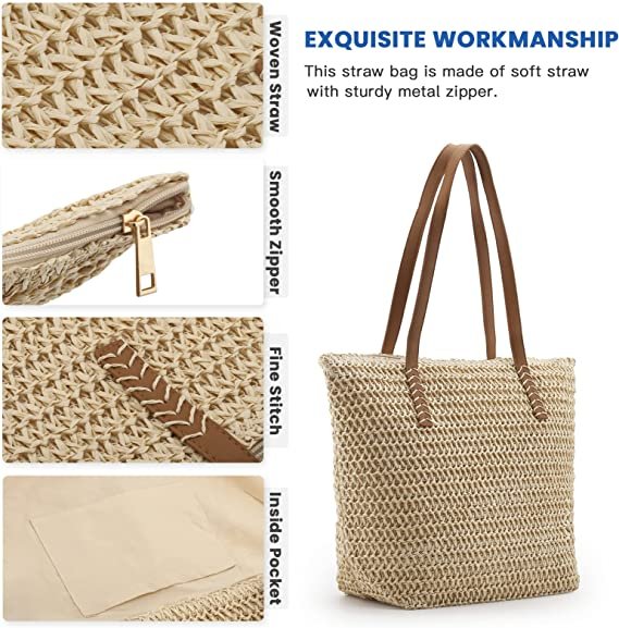 Lightweight Straw Bag, Straw Beach Bag for Women
