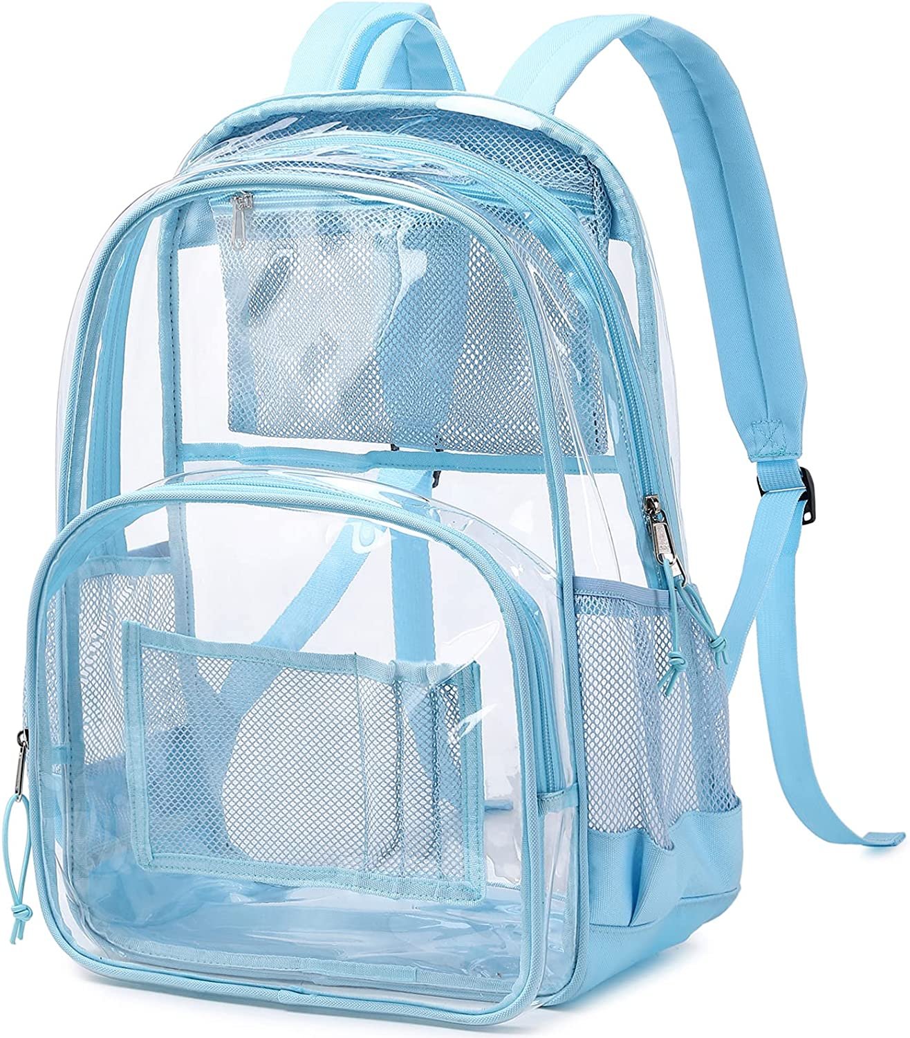 PVC school Backpack Waterproof durable See Through Bag Stadium Approved Clear Schoolbag Daypack Heavy Duty for travel Campus, Baby Blue